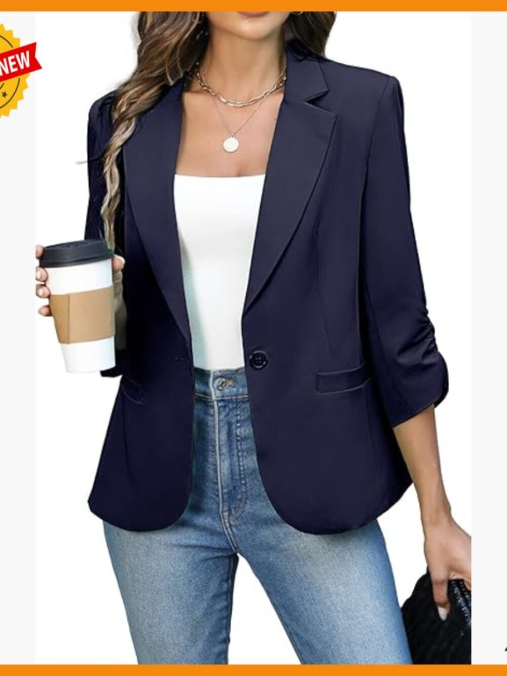Lightweight Slim Fit Blazer with Padded Shoulders Ruched 3/4 Sleeve Business